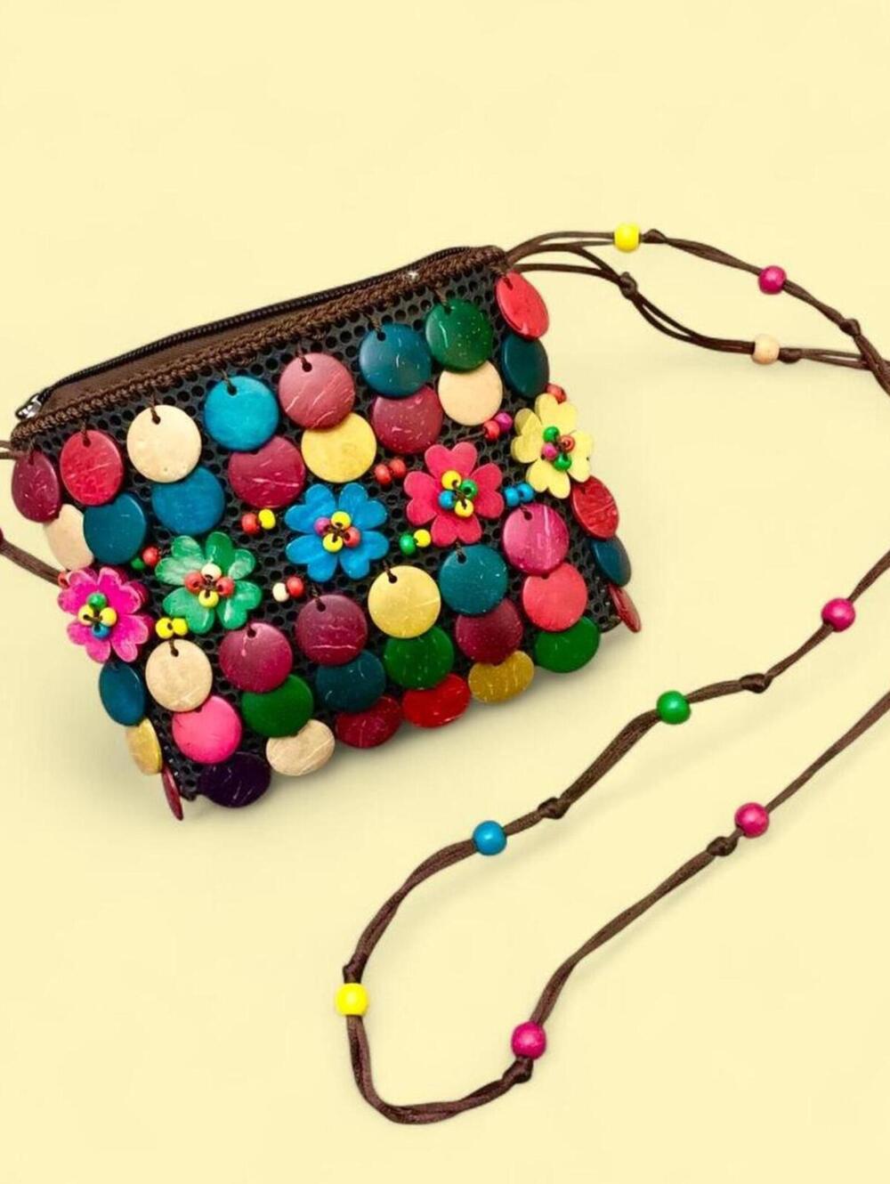 Tropical boho floral wooden beaded crossbody bag
